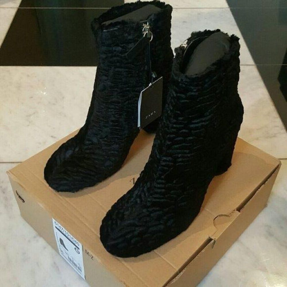 Zara Faux Fur Ankle Chunky Heeled Ankle Booties 6 6.5 - Picture 2 of 8